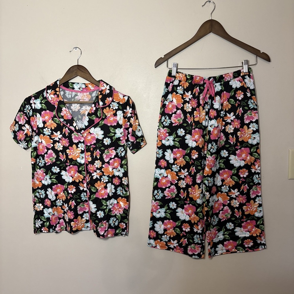 Cuddl Duds Comfort Code 2 Piece Capri Pants Short Sleeve Pajama Set Petite XS‎